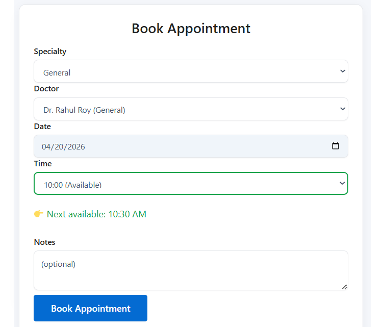 Appointment booking interface for scheduling doctor visits