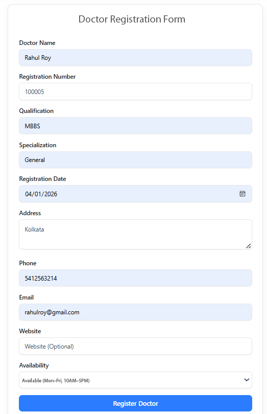 Doctor registration form with admin approval system