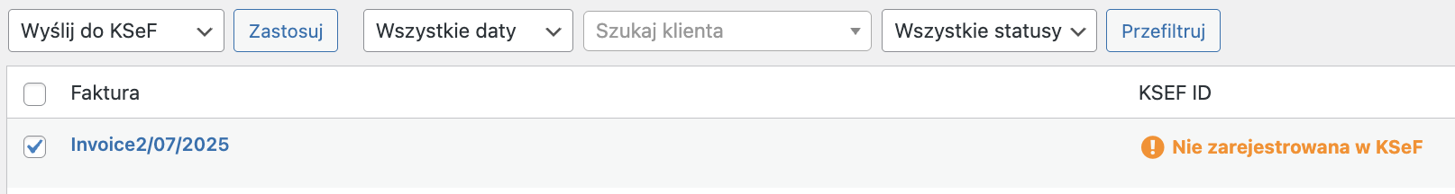 KSeF metabox in invoice edit screen showing status and details.