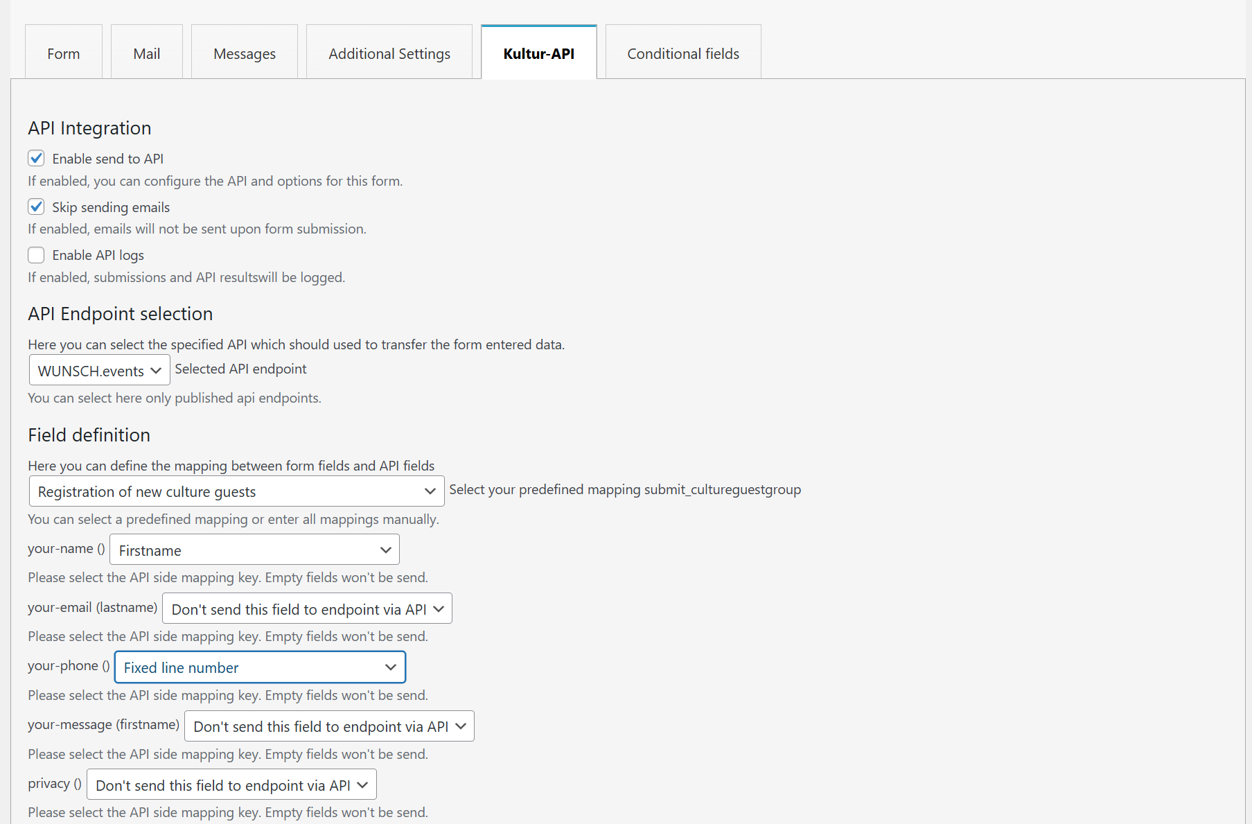 Manage API options in the contact form 7 configuration inside a new custom tab.