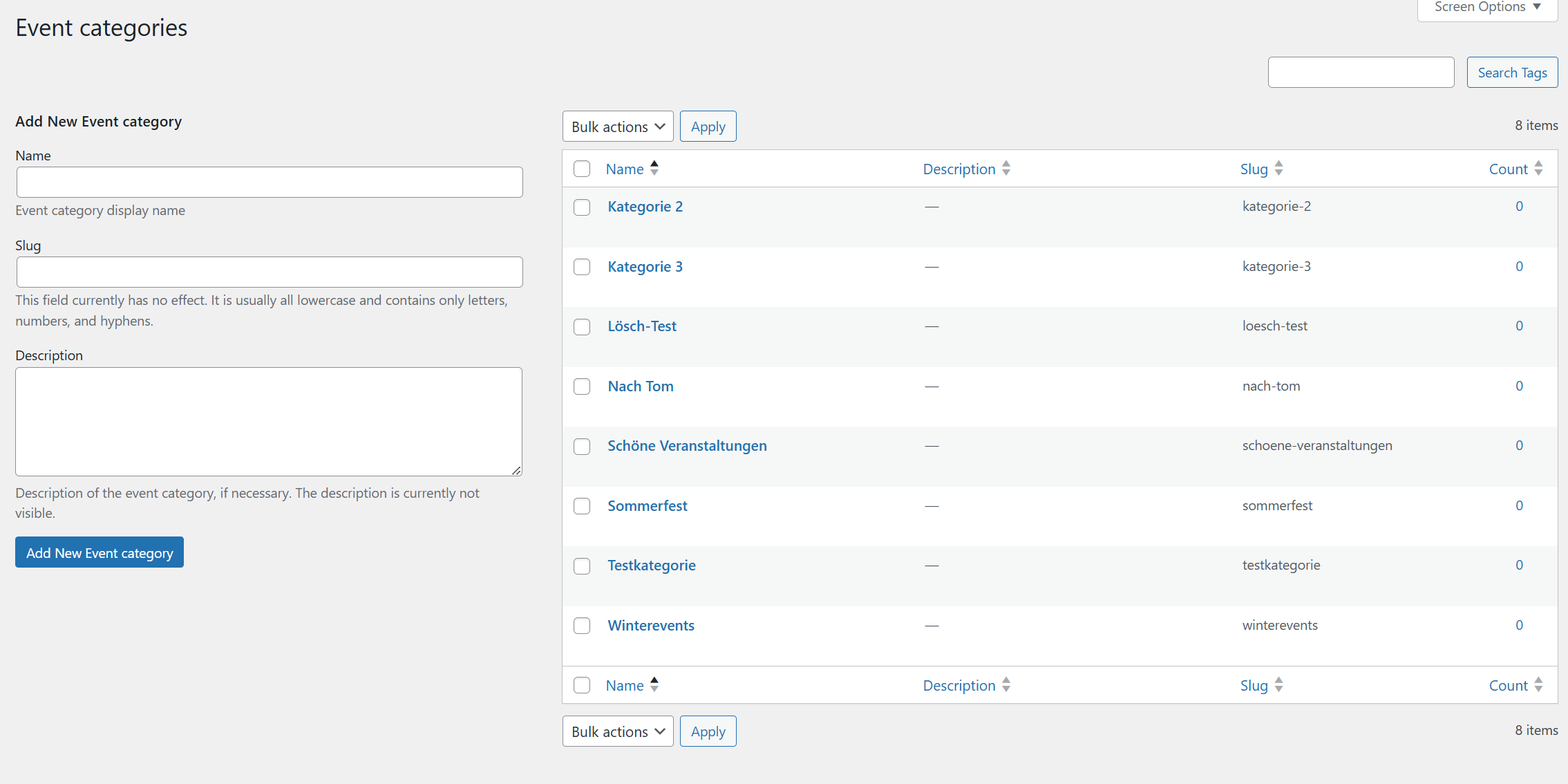 Manage event categories, partners and imparting areas via custom taxonomy.