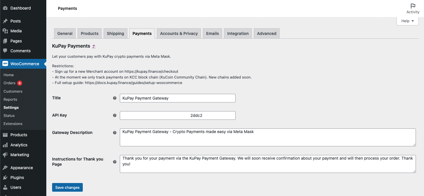 Settings for the KuPay Payment Gateway