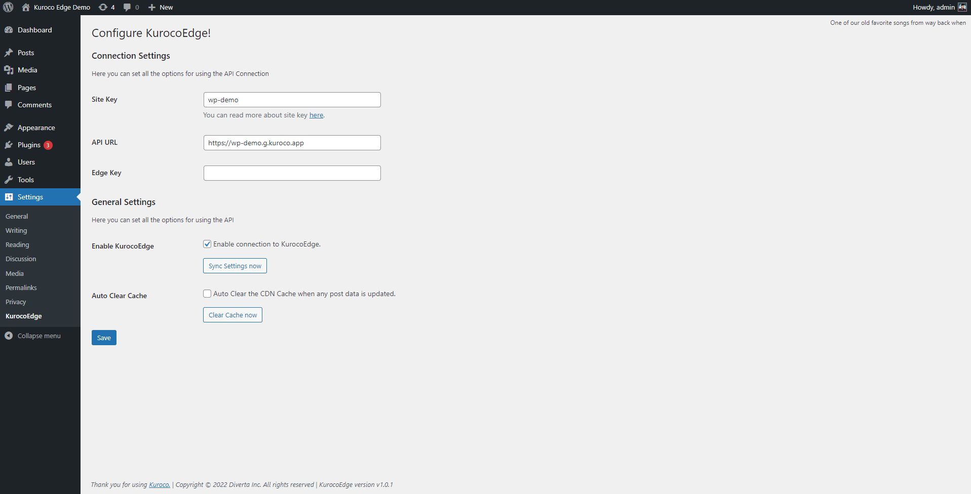 KurocoEdge Plugin's WordPress Admin Screen.