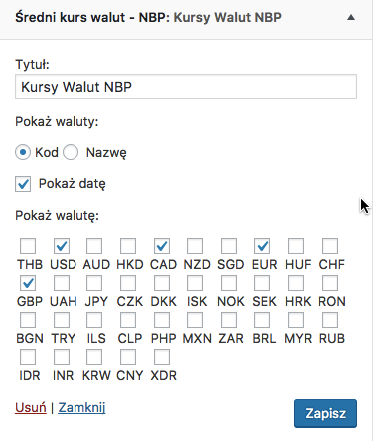 Table of exchange rates on the front page