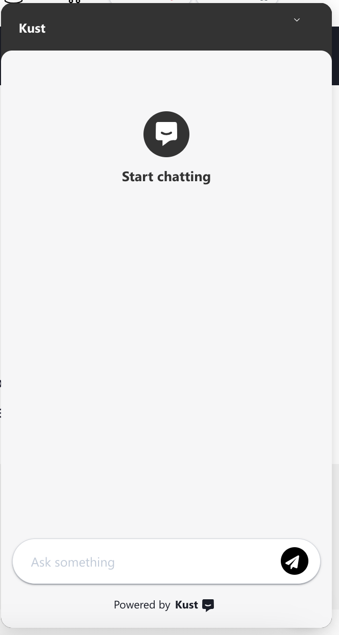 Kust AI chatbot widget displayed on a website