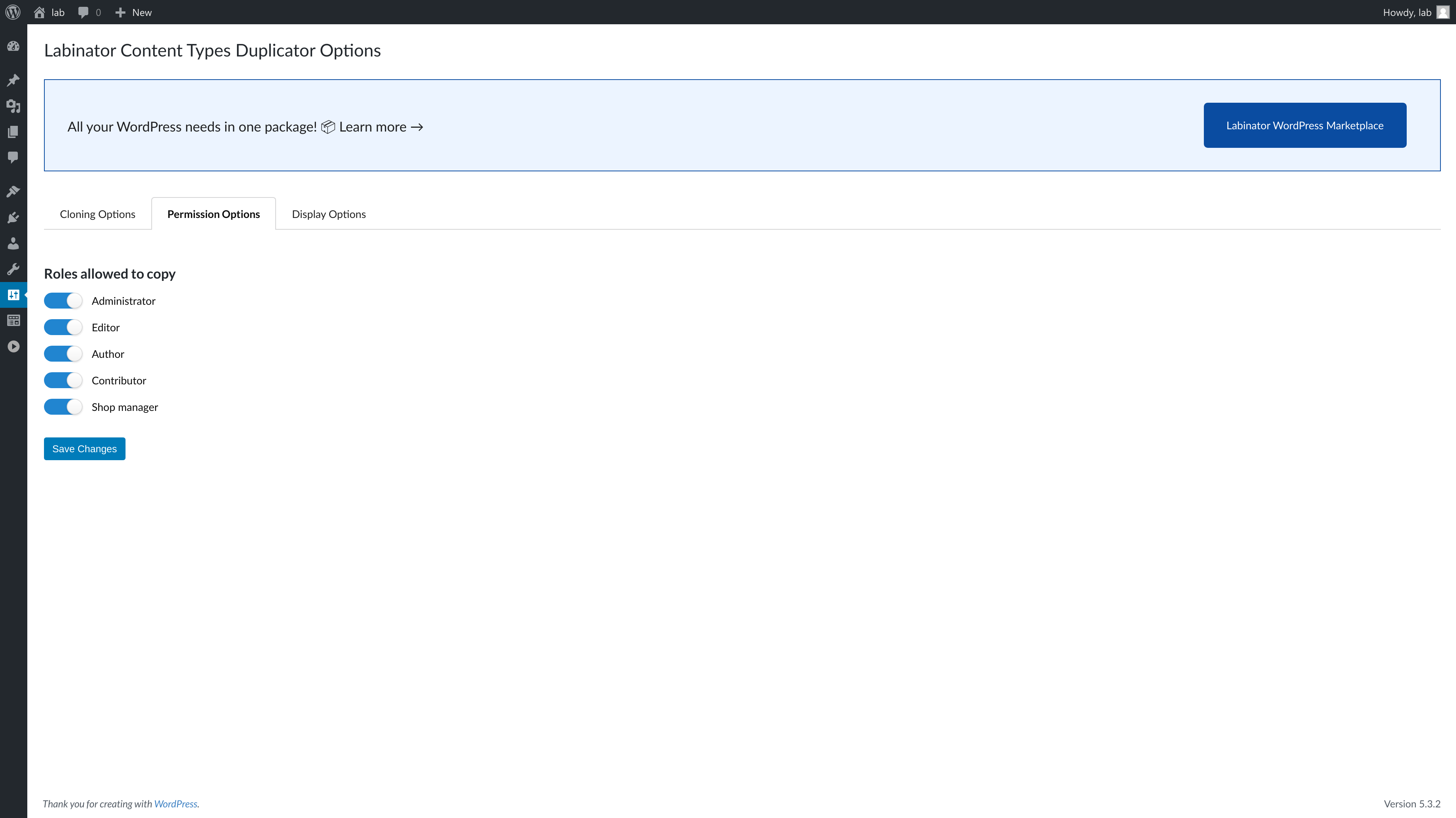 The permission options screen.