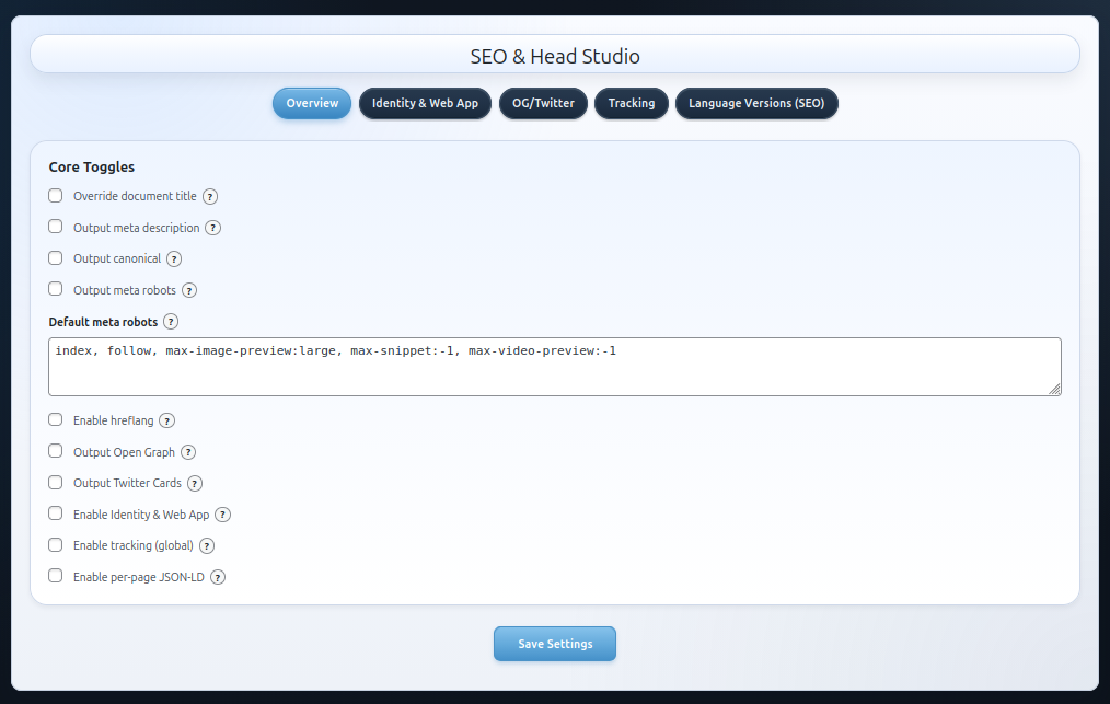 SEO & Head Studio settings page.
