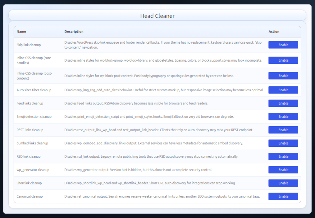 Head Cleaner settings page.