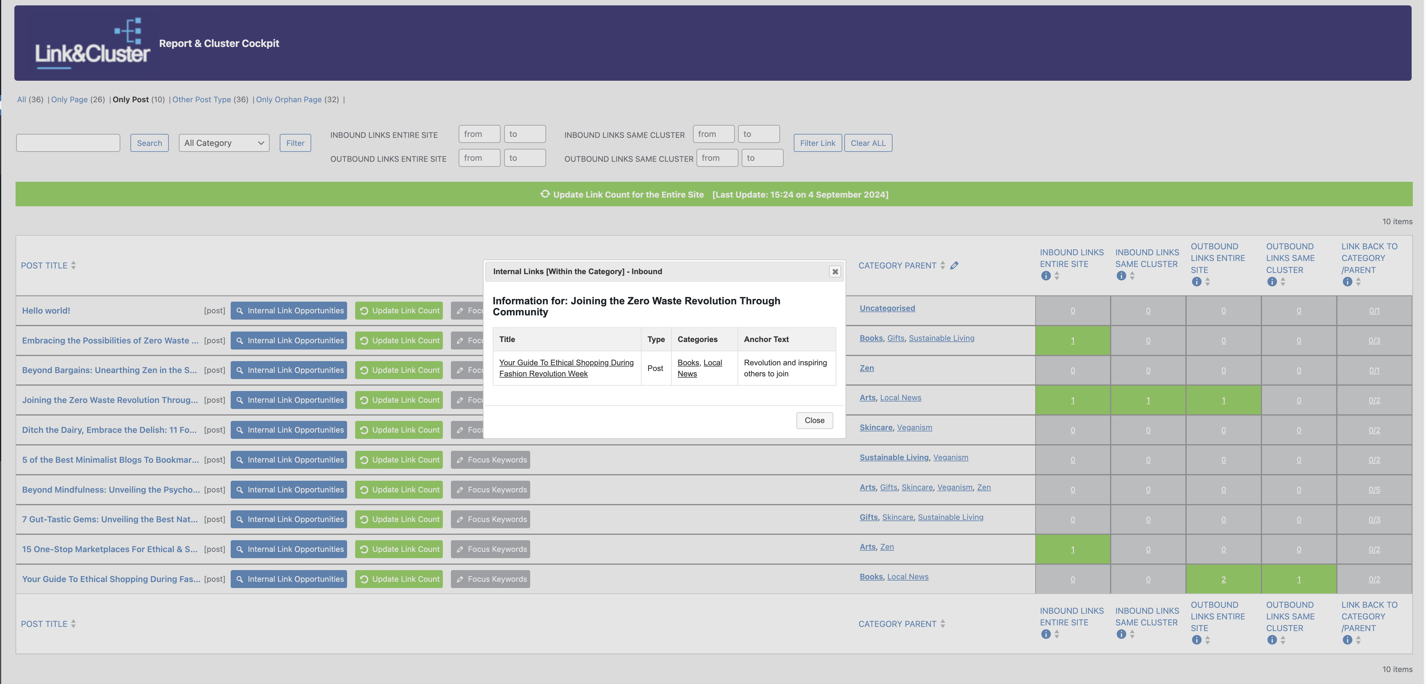 Screenshot 2: Popup show internal link of post