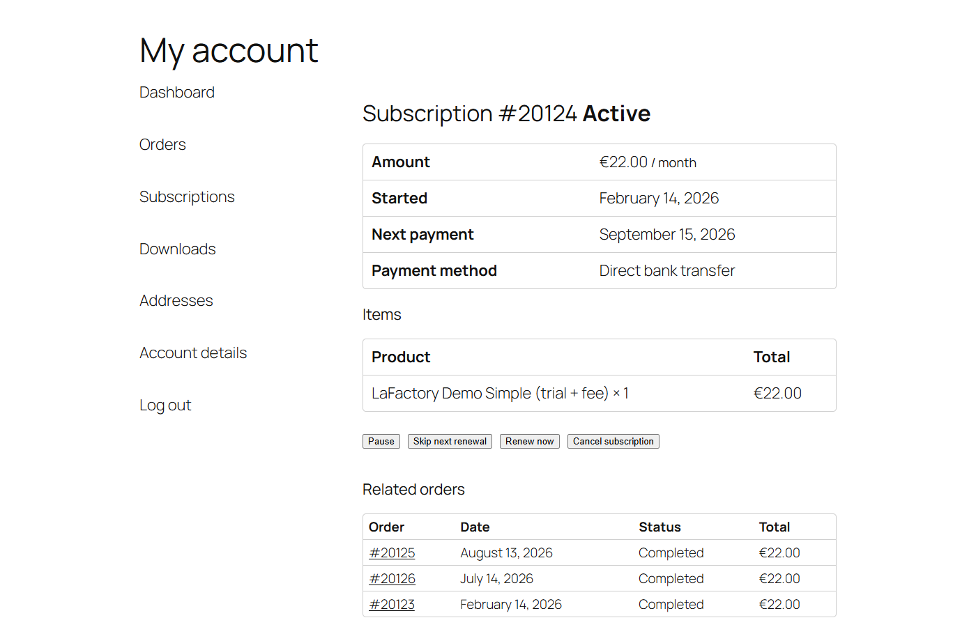Customer subscription detail in My Account with self-service actions