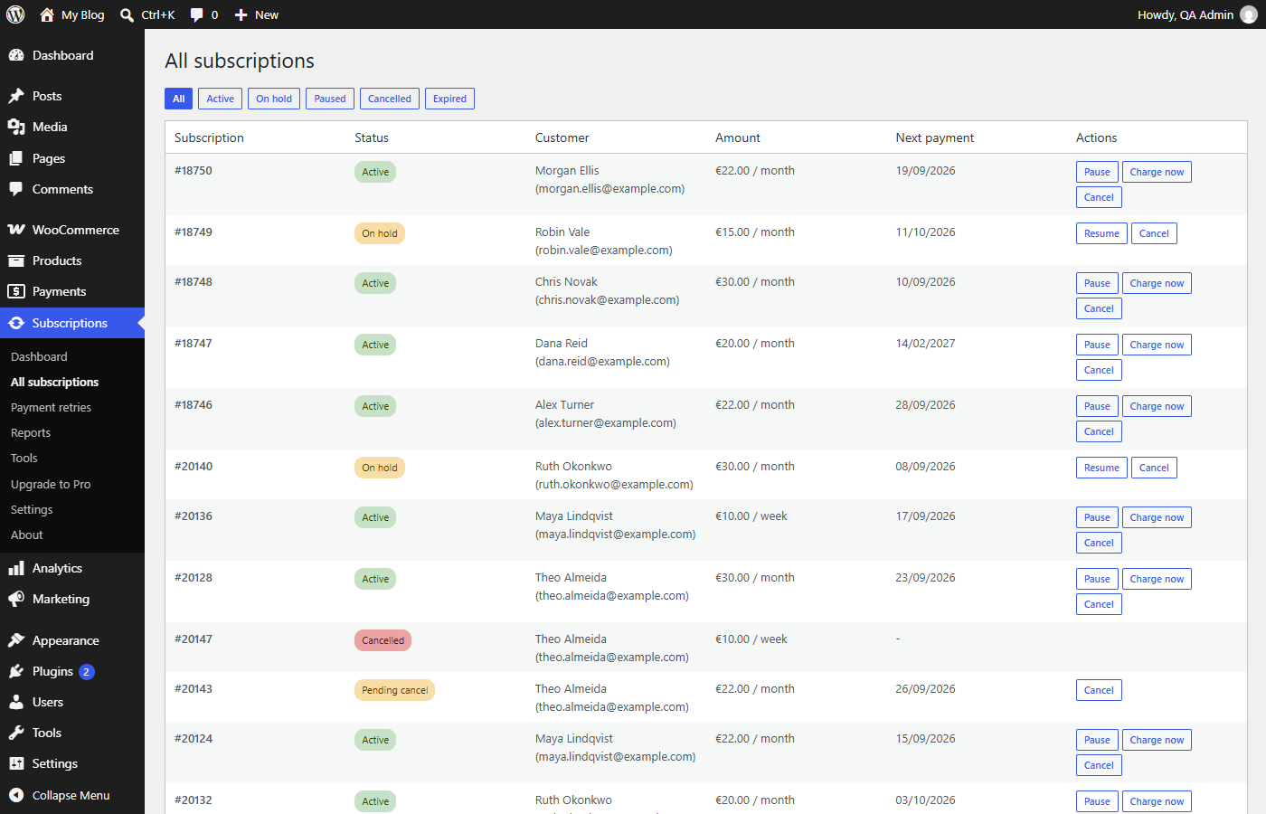 Subscriptions list with row actions