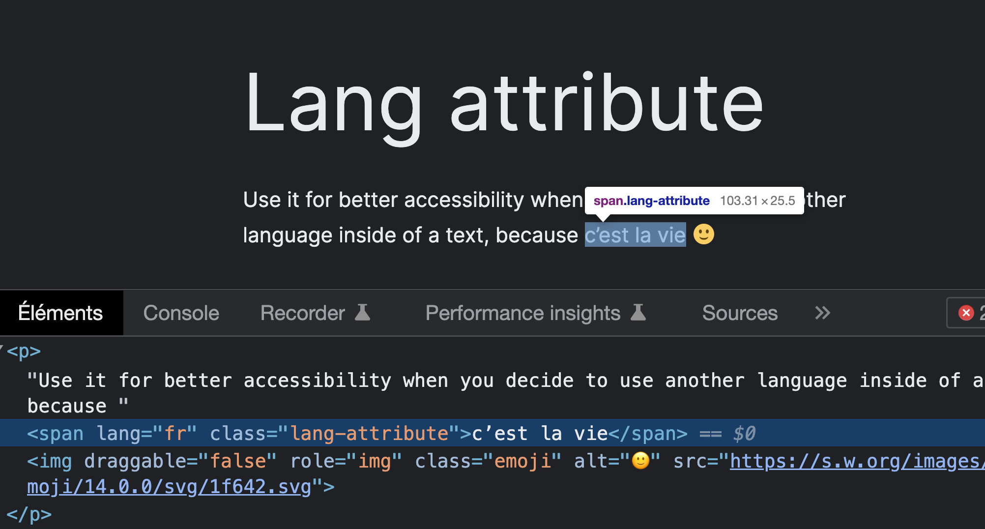 Checking that the `lang` attribute is rendered on front-end.