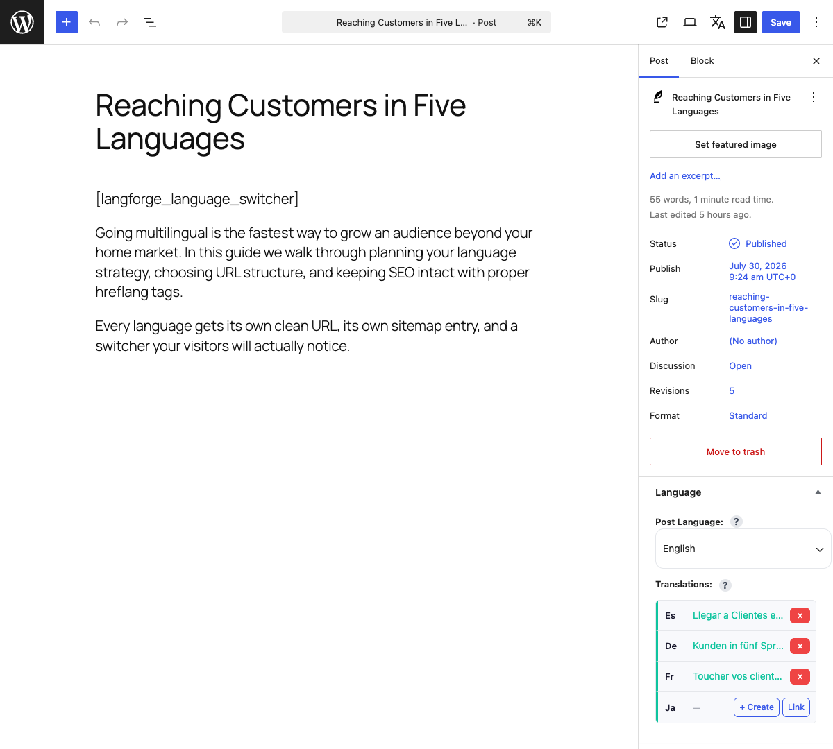 Post translation — the Language panel lists every linked translation and creates missing ones in one click.