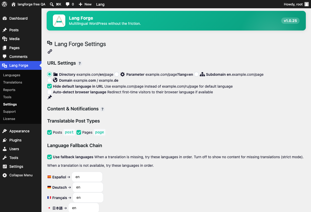 Multilingual URL structure — choose subdirectory, query parameter, subdomain or domain mapping, and set the language fallback chain.