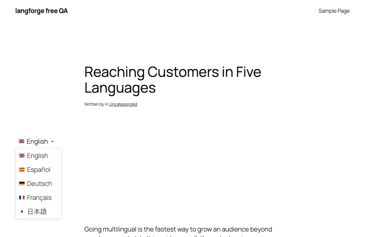 Language switcher — the front-end switcher with flags and native language names.