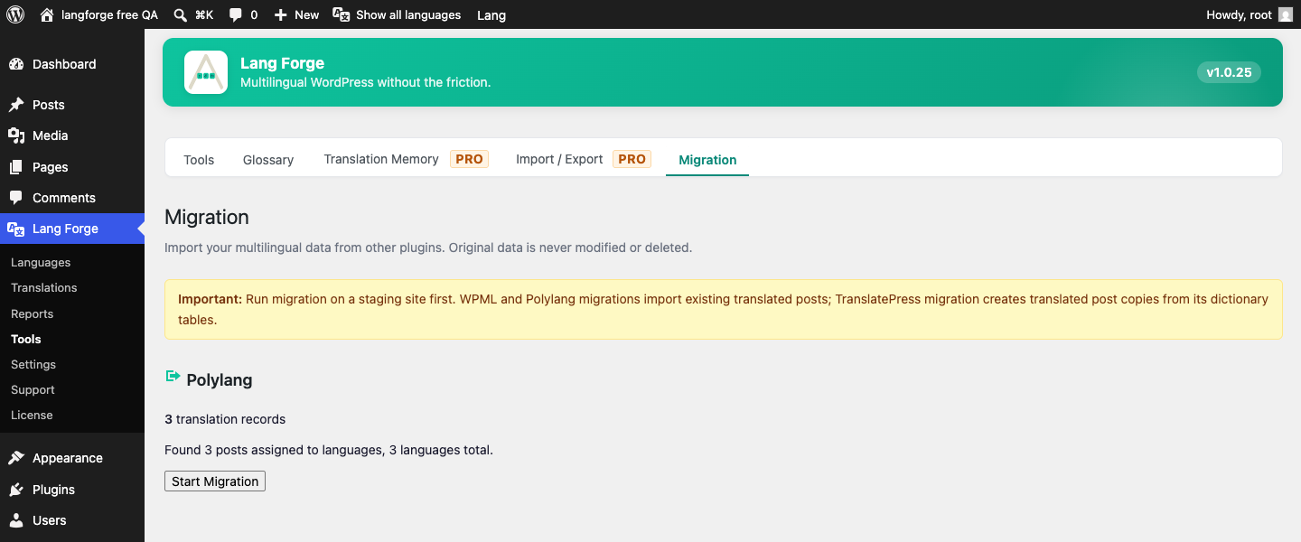 Migration — Lang Forge detects an existing WPML, Polylang or TranslatePress install and imports it without touching the original data.