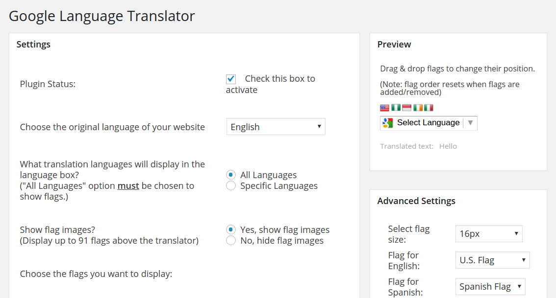 Settings include: inline or vertical layout, hide/show Google toolbar, display specific languages, and show/hide Google branding. Add the shortcode to pages, posts, and widgets.