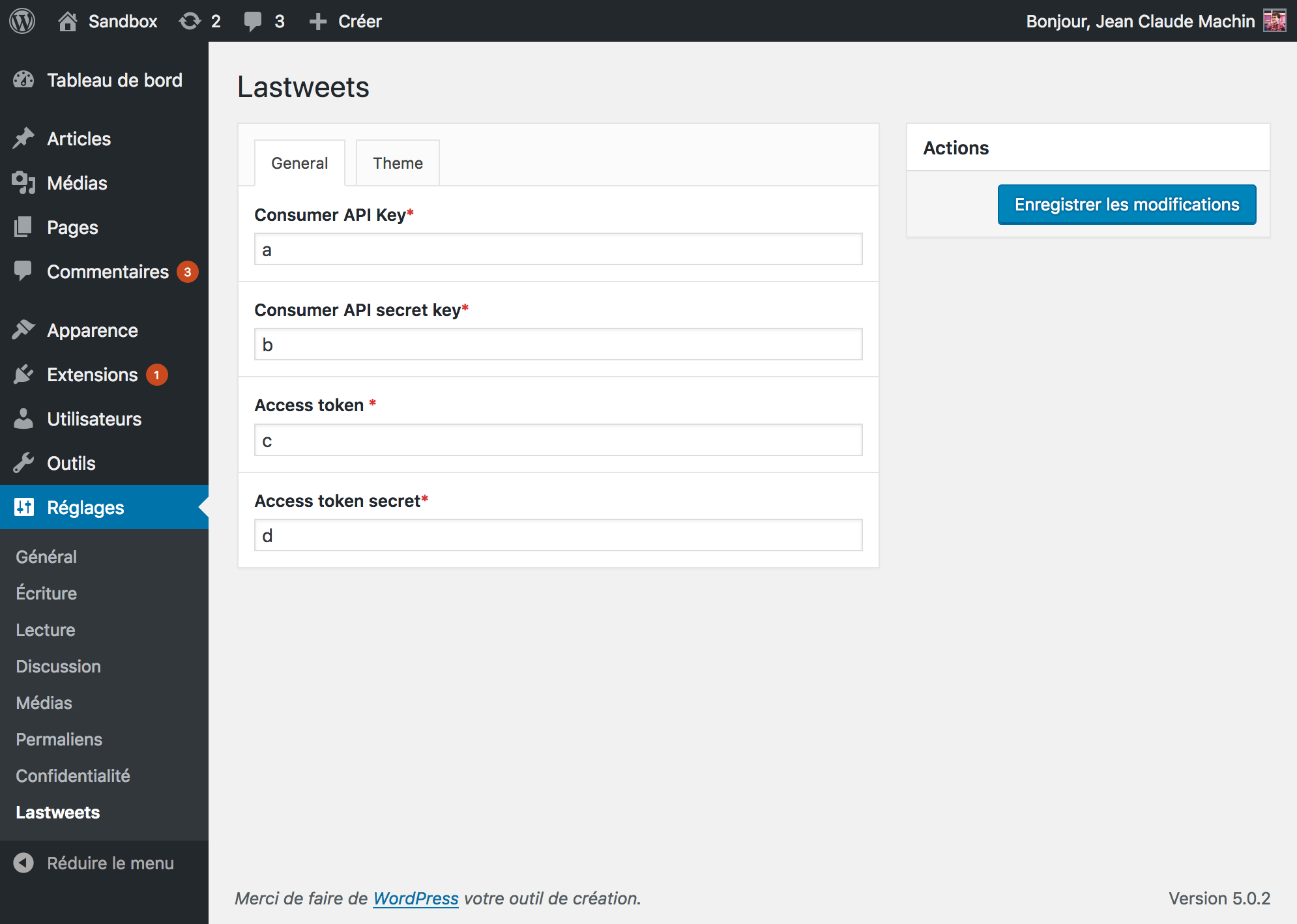 The plugin options page: it's necessary to define your Twitter app API keys in there!
