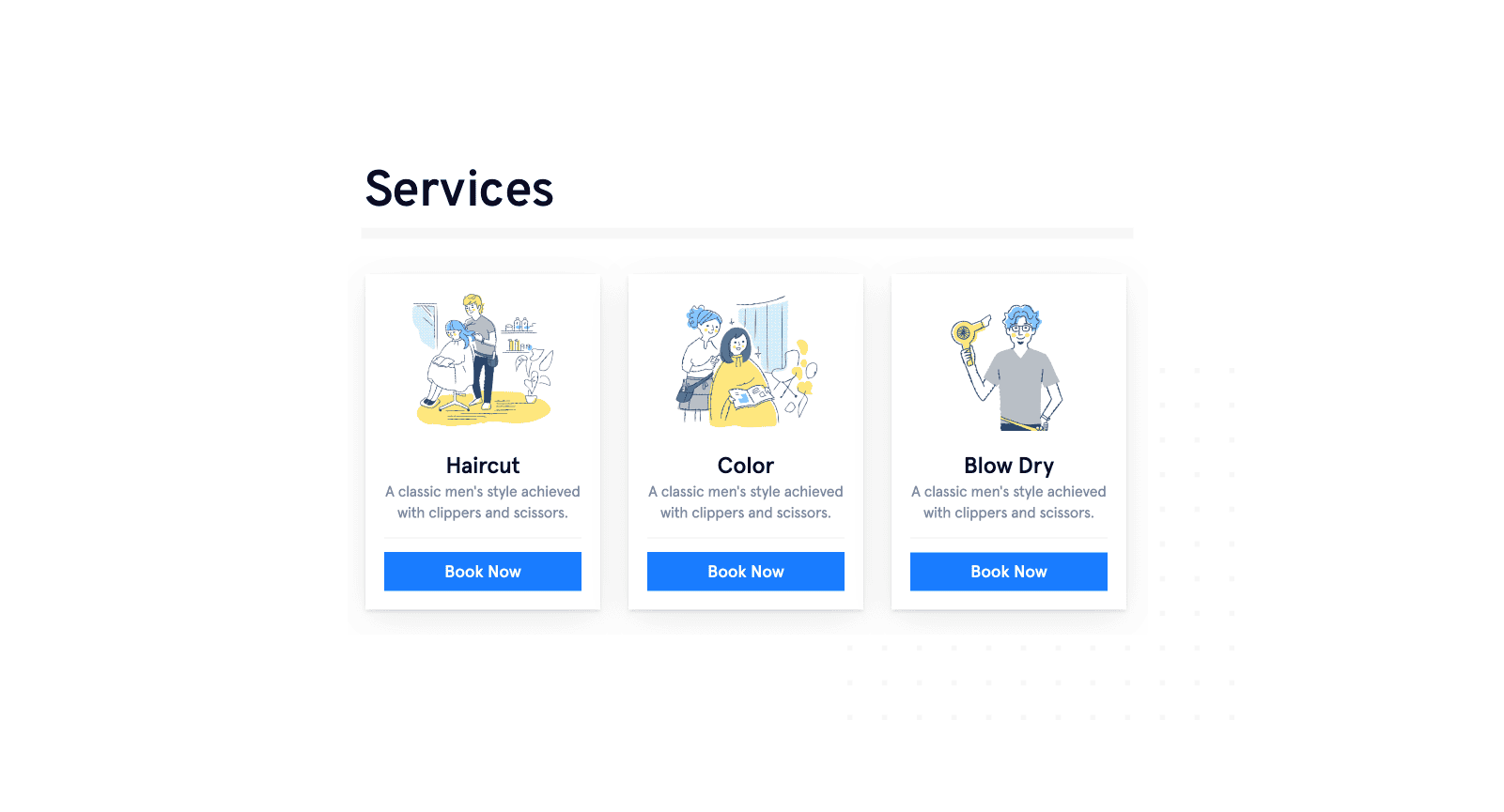 Various shortcodes and block elements available to output your services with a quick "Book Now" button.