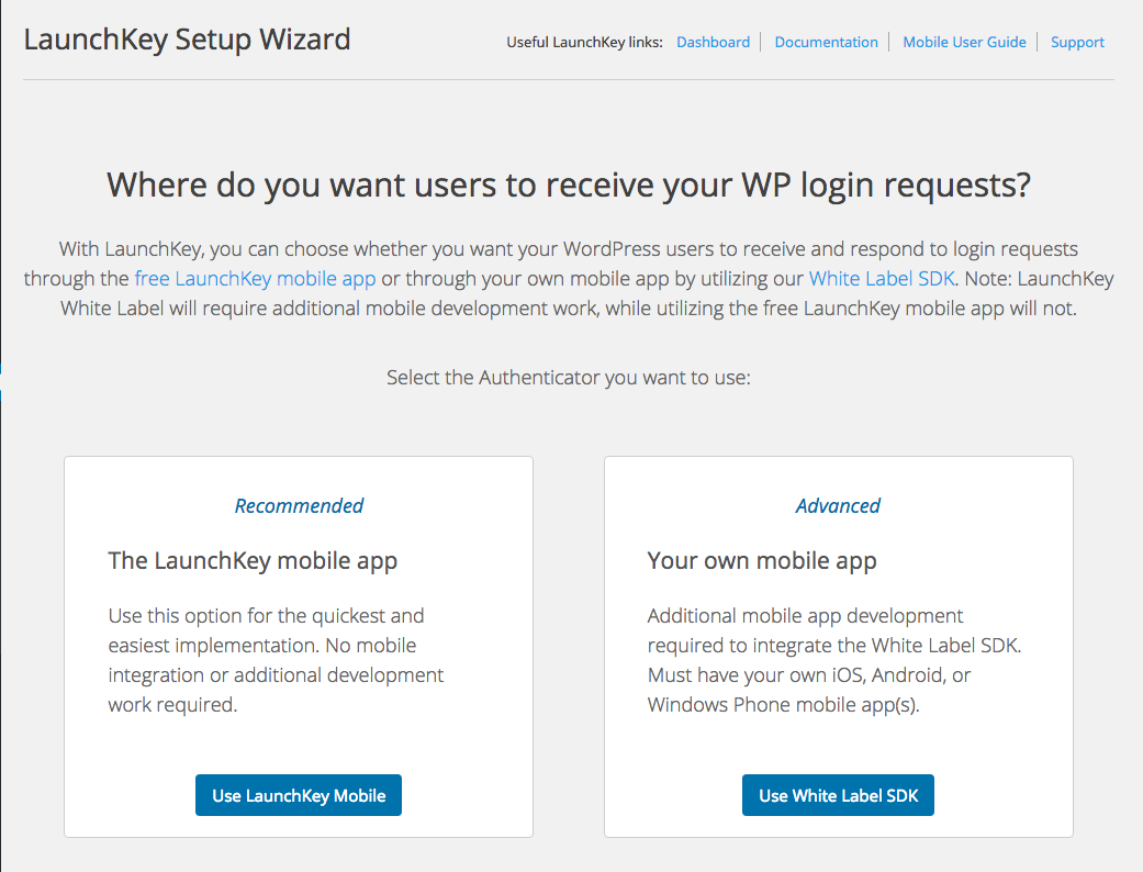 WP Admin > Settings > LaunchKey - Configured