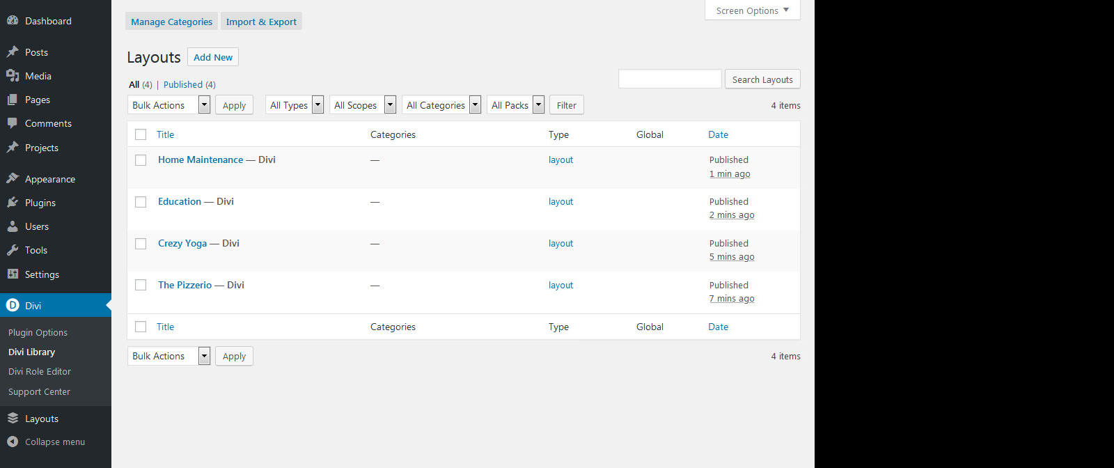 Layouts for Divi - Templates Library list after import layout