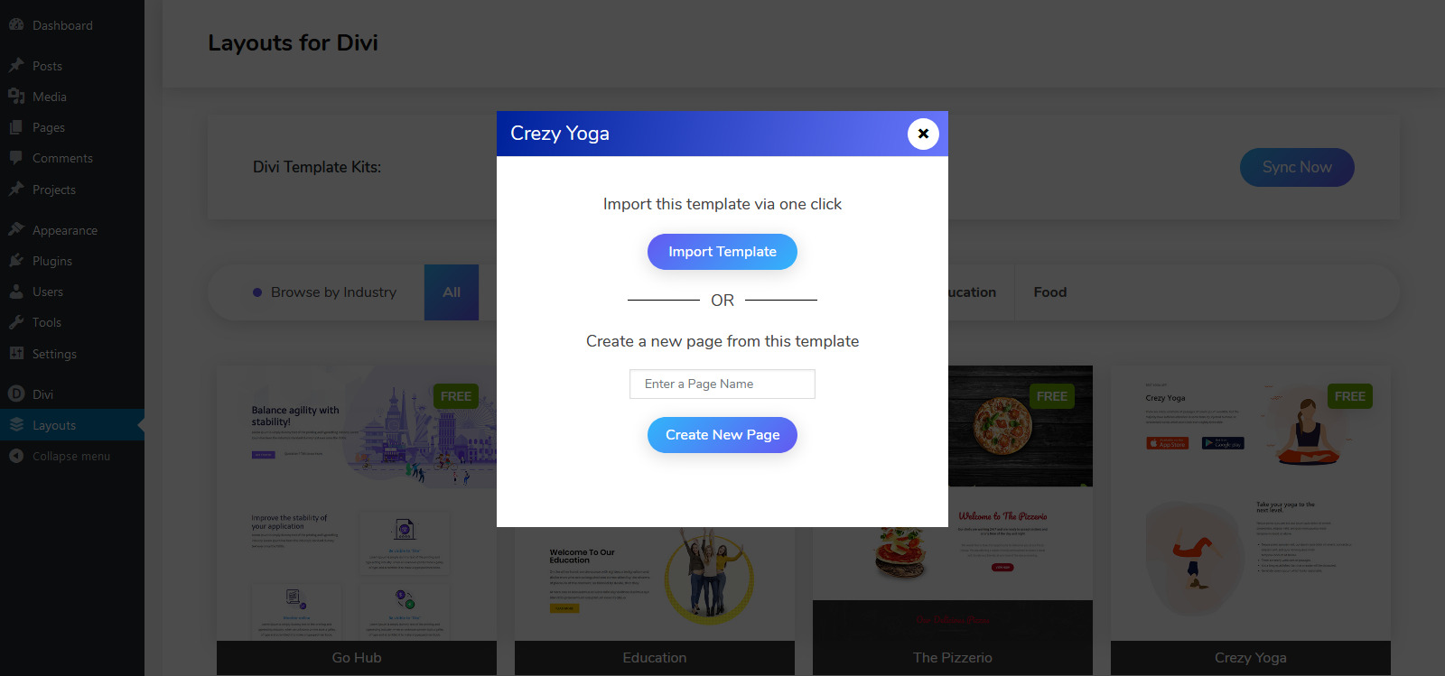 Layouts for Divi - Install Preview