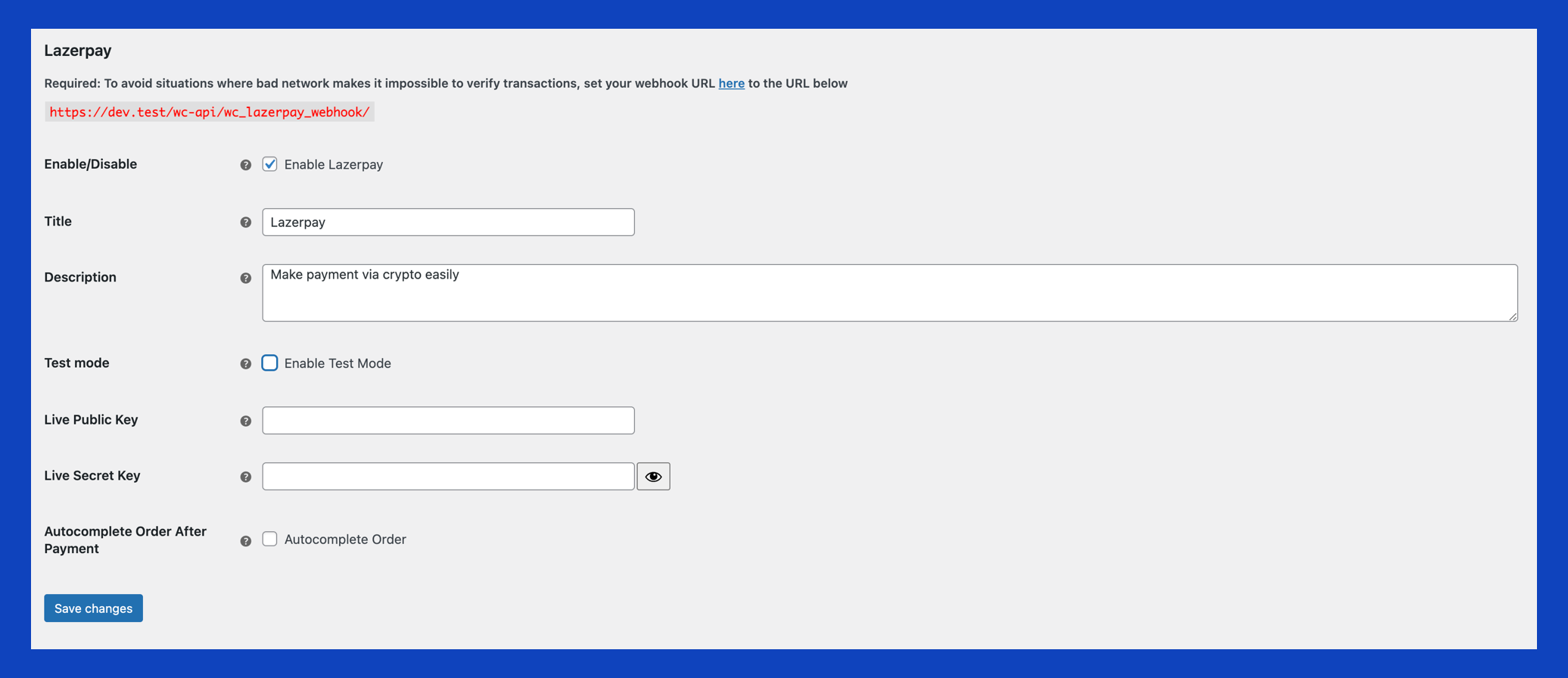 Lazerpay WooCommerce payment gateway settings page