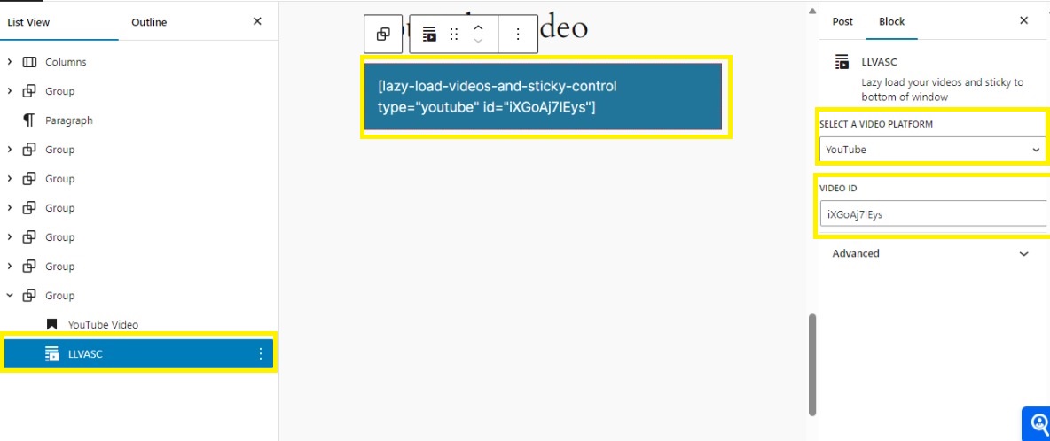 Backend: **LLVASC** block settings inspect control