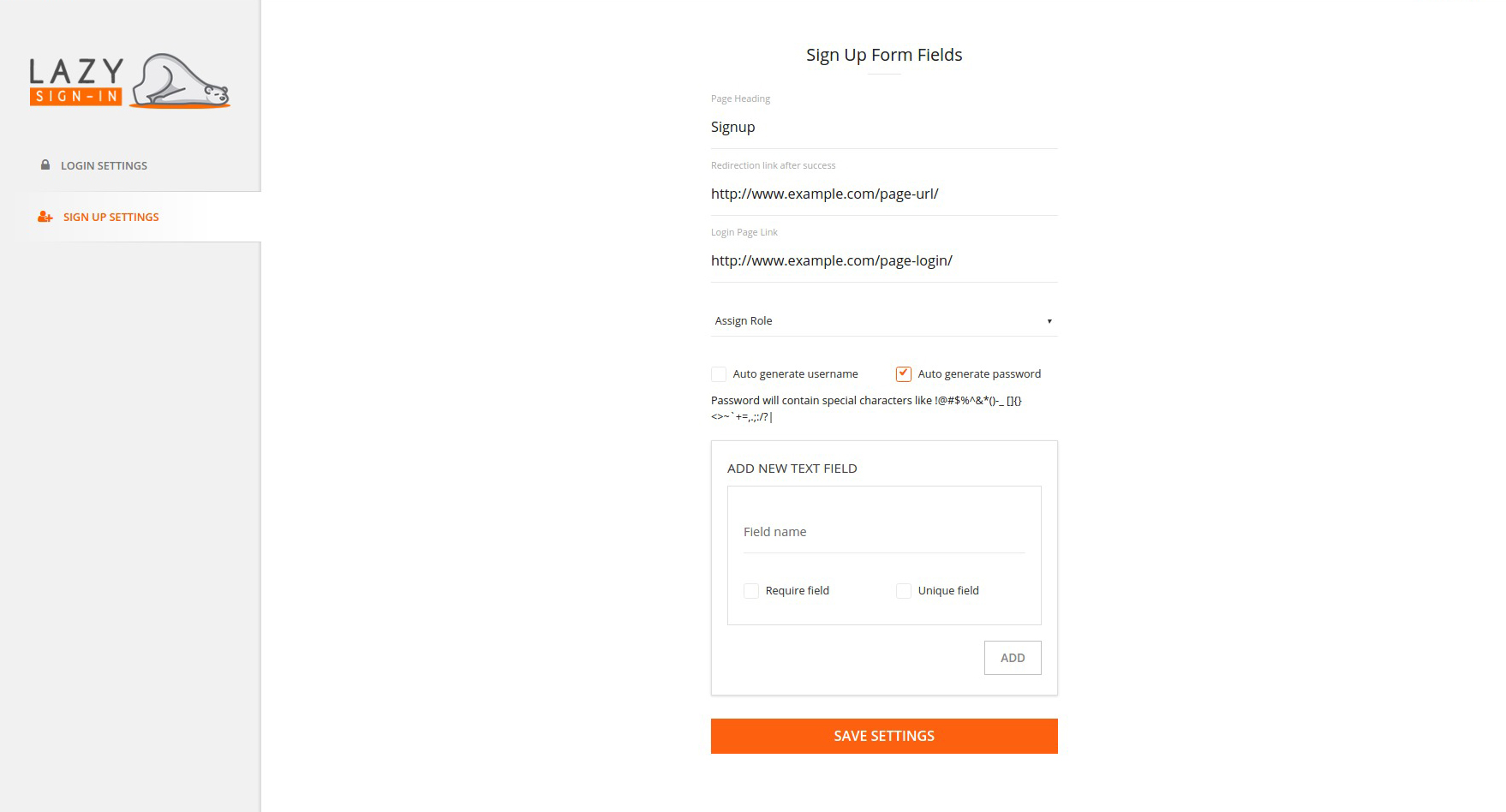 You can customize the sign up form fields from sign up settings in admin. It lets you setup login page, assign role, auto-generate the password and customize the sign-up form fields.