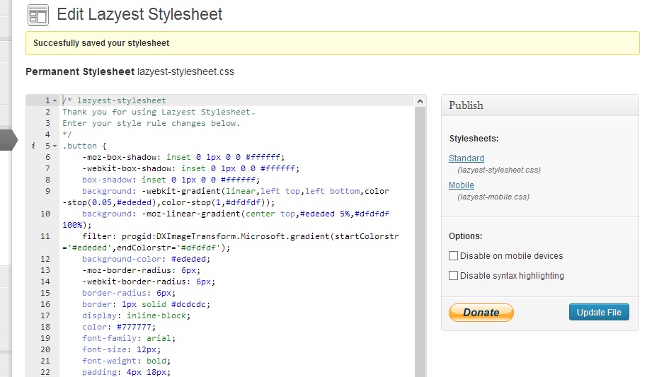 The Lazyest Stylesheet edit screen.