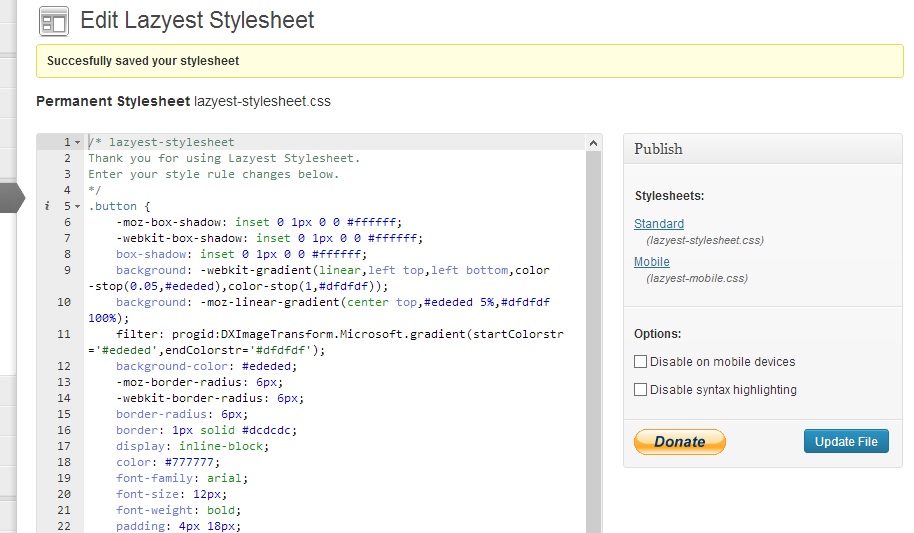 The Lazyest Stylesheet edit screen.