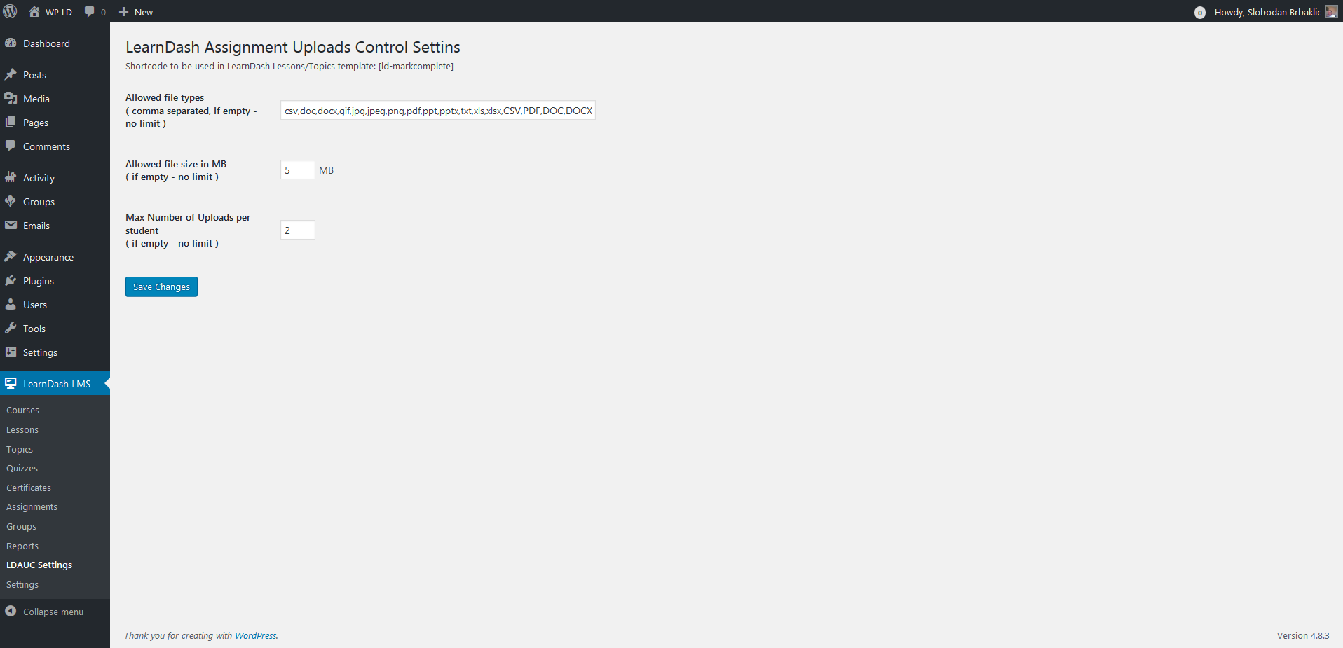 Shows the Settings page