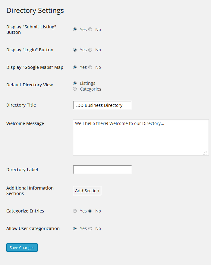 The Directory Settings administration screen.