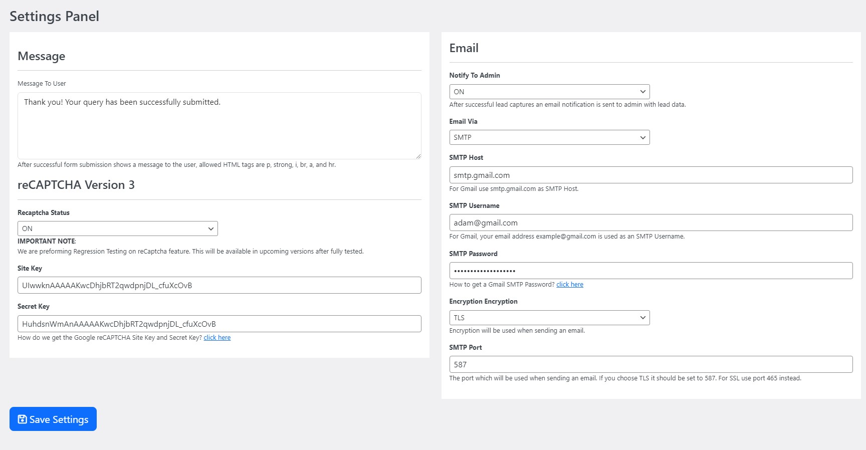 Settings Panel
