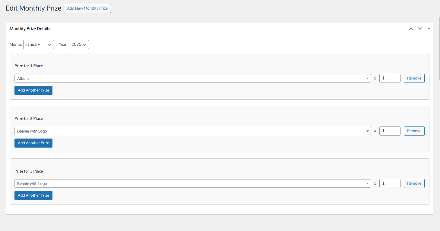 Monthly Prize Configuration.