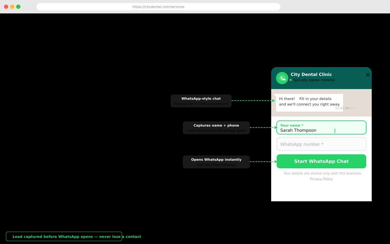 Lead capture popup — name and phone captured before WhatsApp opens