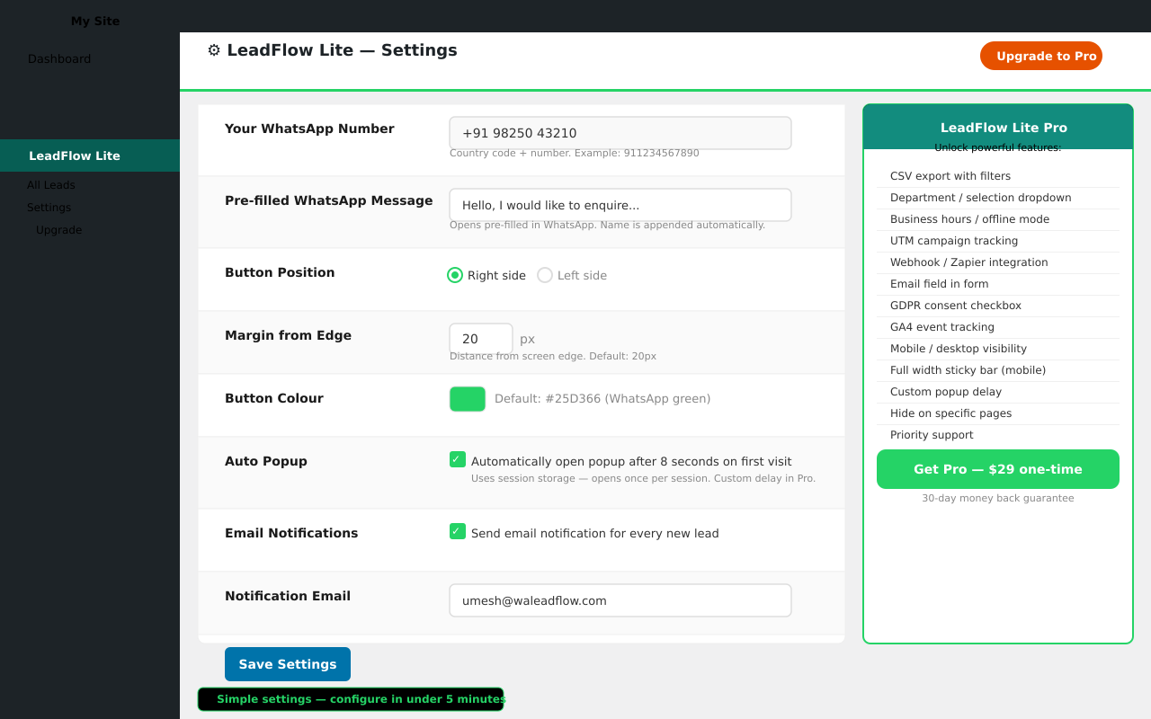 Settings page — configure in 5 minutes with Pro upgrade sidebar