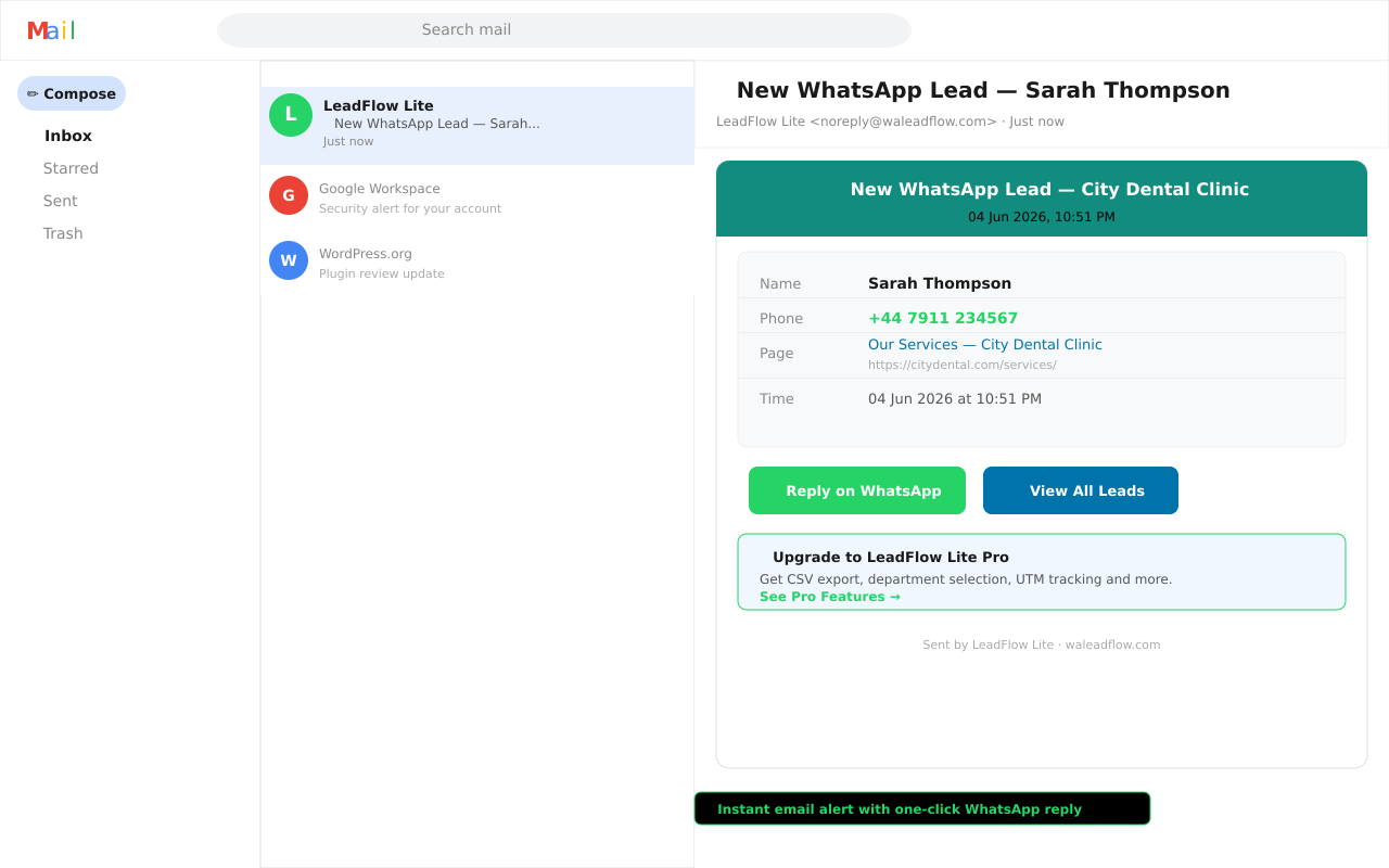 Instant email notification with one-click WhatsApp reply button