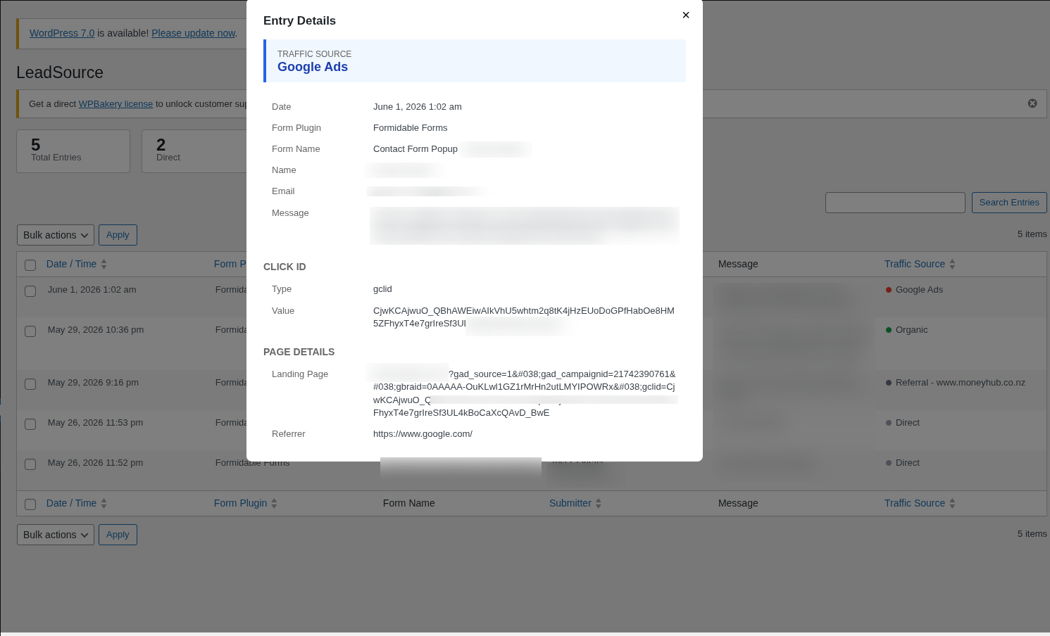 **Entry Detail** — Click any entry to see full UTM parameters, click IDs, landing page, and referrer