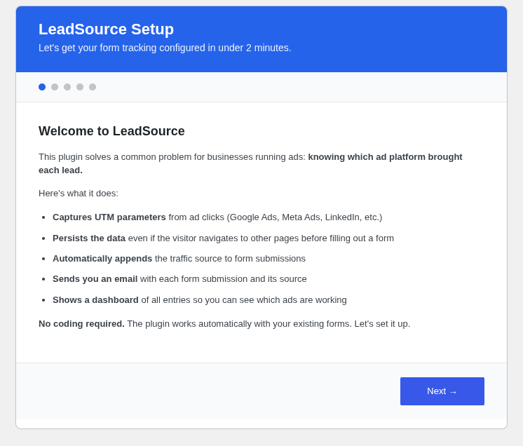 **Setup Wizard** — 5-step guided setup with automatic form detection