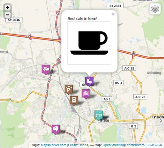 Frontend: layer map (5 marker, different icons, basemap: OpenStreetMap, controlbox: collapsed)