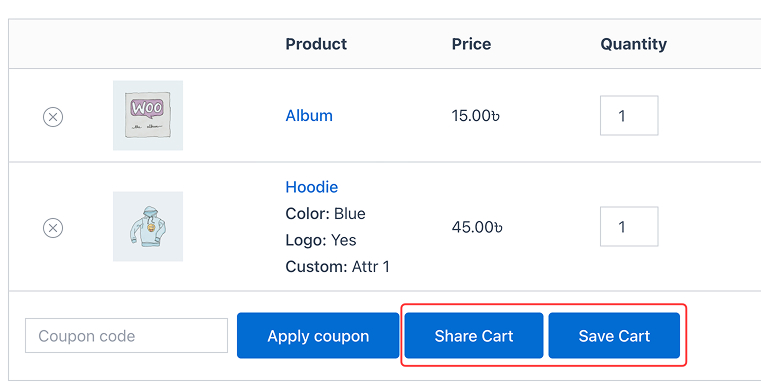 Share Cart and Save Cart buttons on classic WooCommerce cart page