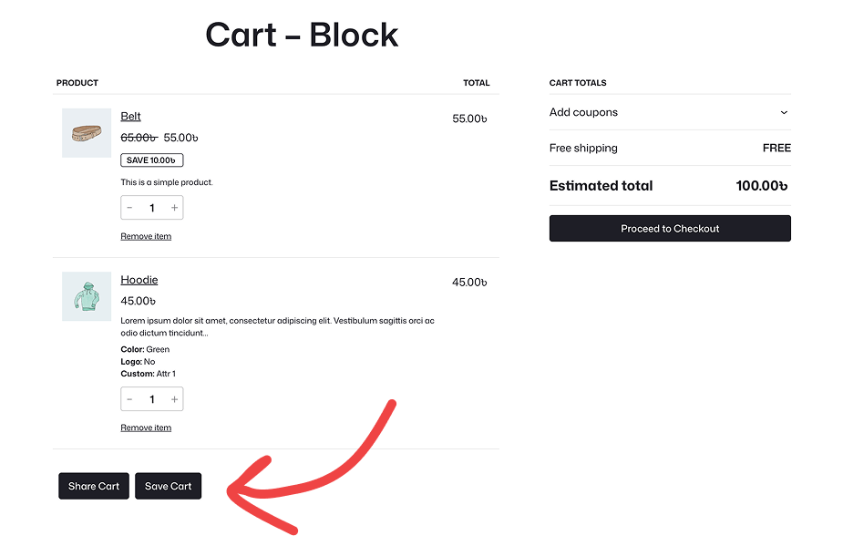 Share Cart and Save Cart buttons on FSE theme with WooCommerce Cart Block - works seamlessly with modern block-based cart pages