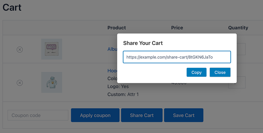Cart sharing popup with generated shareable URL