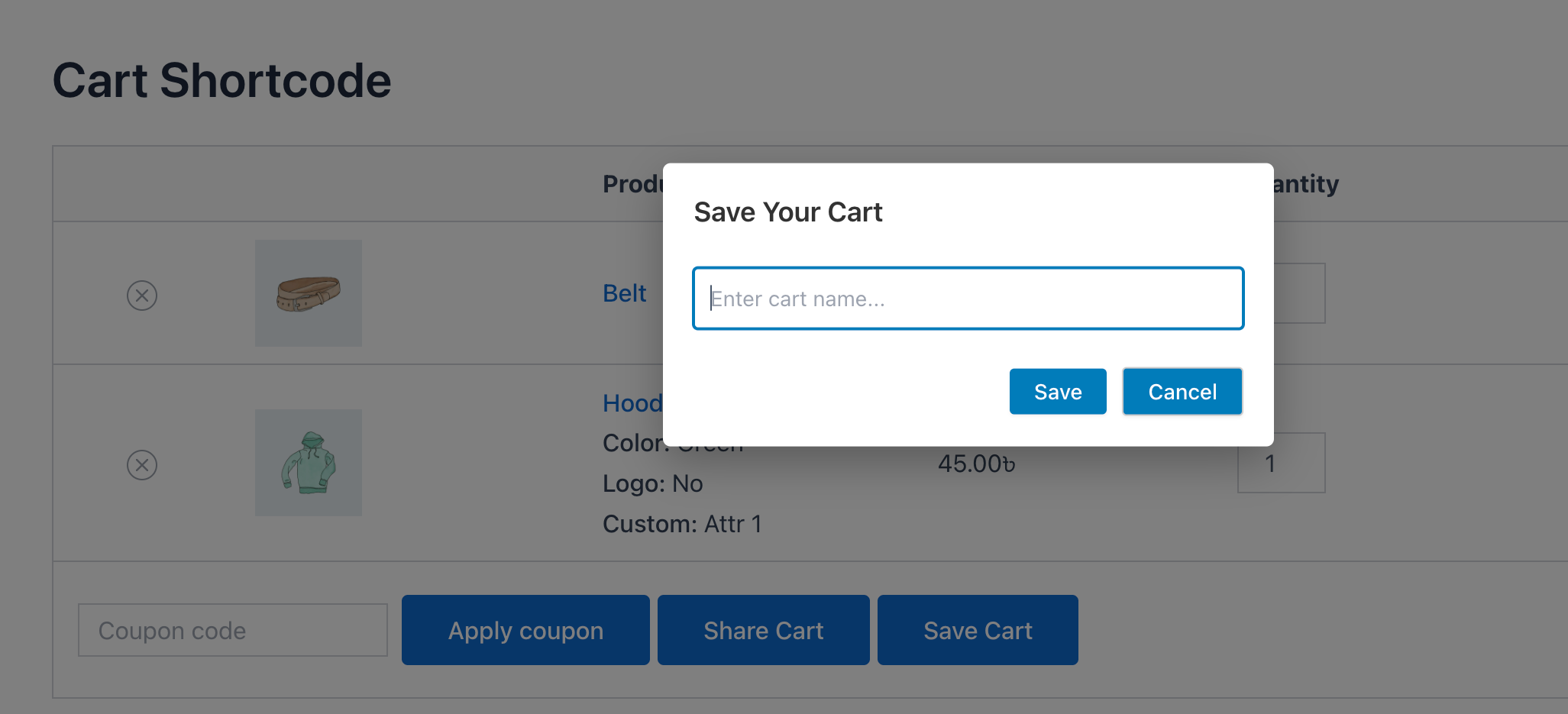 Cart saving popup with custom name input