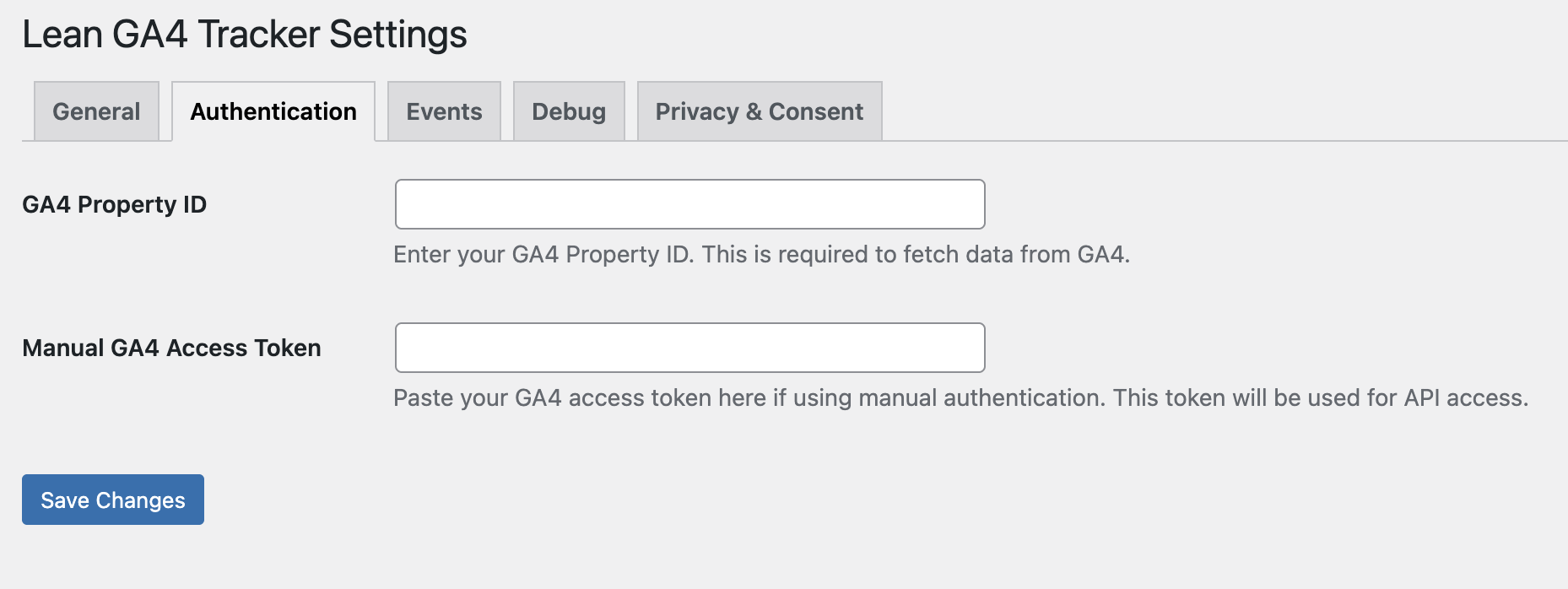 Authentication tab: Enter GA4 Property ID and Manual Access Token
