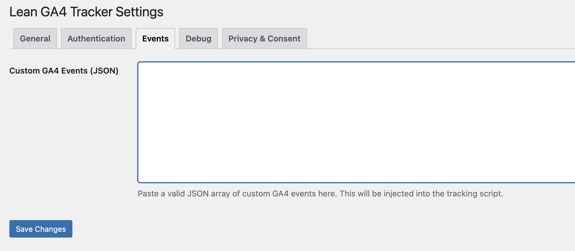 Events tab: Define custom GA4 events using a JSON array