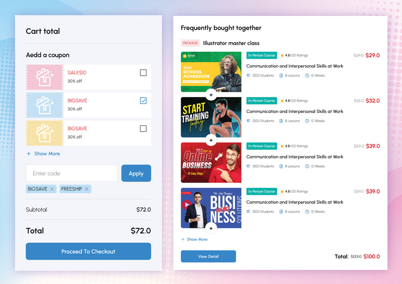 Online Course Detail: Clean & thoughtfully structured layout features a dynamic course overview, detailed sections, curriculum, instructor information and more to help make decision quicker