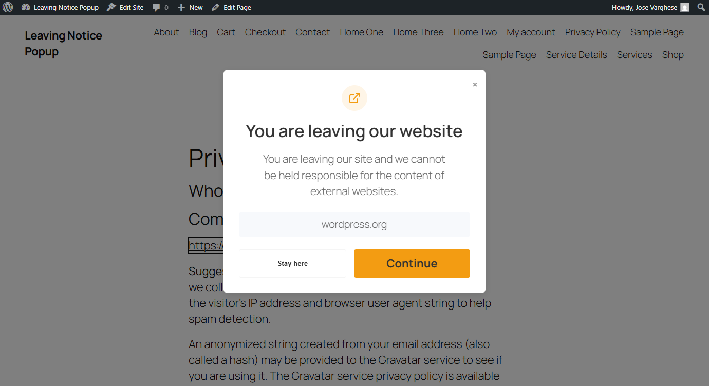 Frontend popup when an external link is clicked