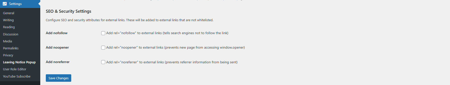 Screenshot of the SEO and security attributes settings for the external links like nofollow, noopener and noreferrer